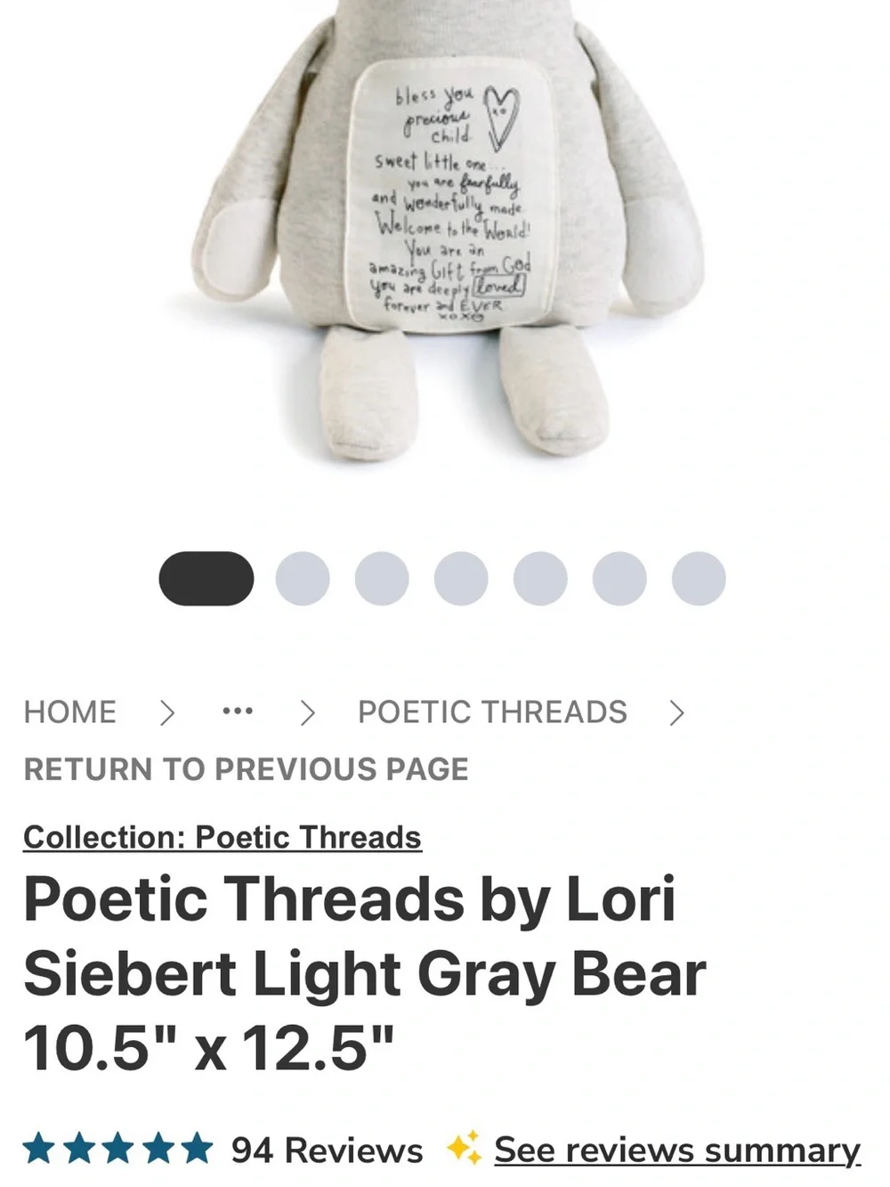 Demdaco Light Gray Plush Bear Pillow with Embroidered Panel